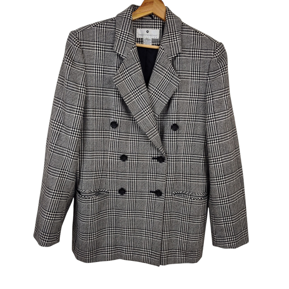 Saks Fifth Avenue Blazer Womens 14 Black White Plaid Wool Double Breasted Jacket